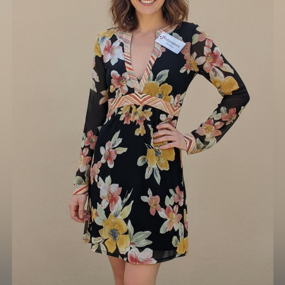 SWEET PEA Maternity Floral Long Sleeve Dress Deep V-Neck Boho Sheer Size Medium
